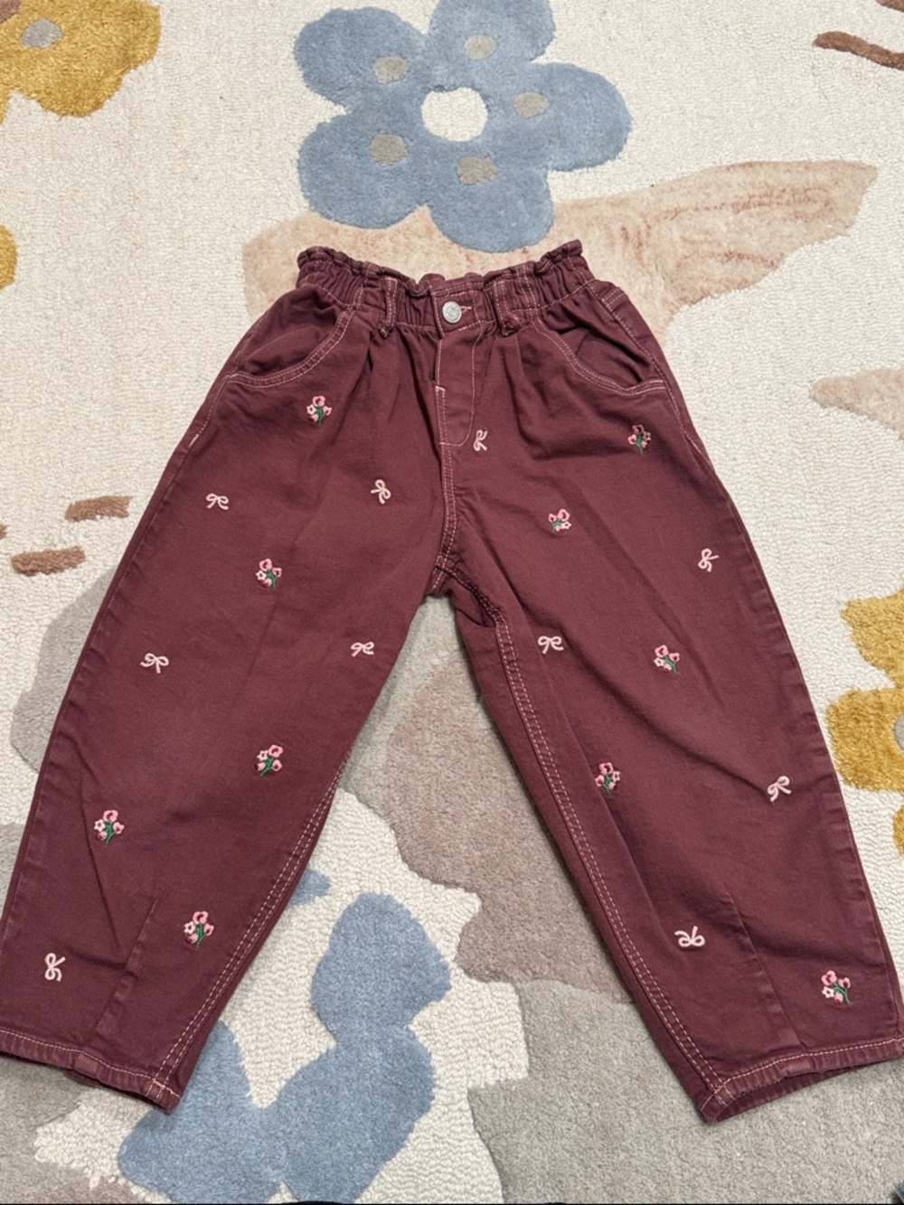 Zara Girls' Embroidered Maroon Cotton Pants